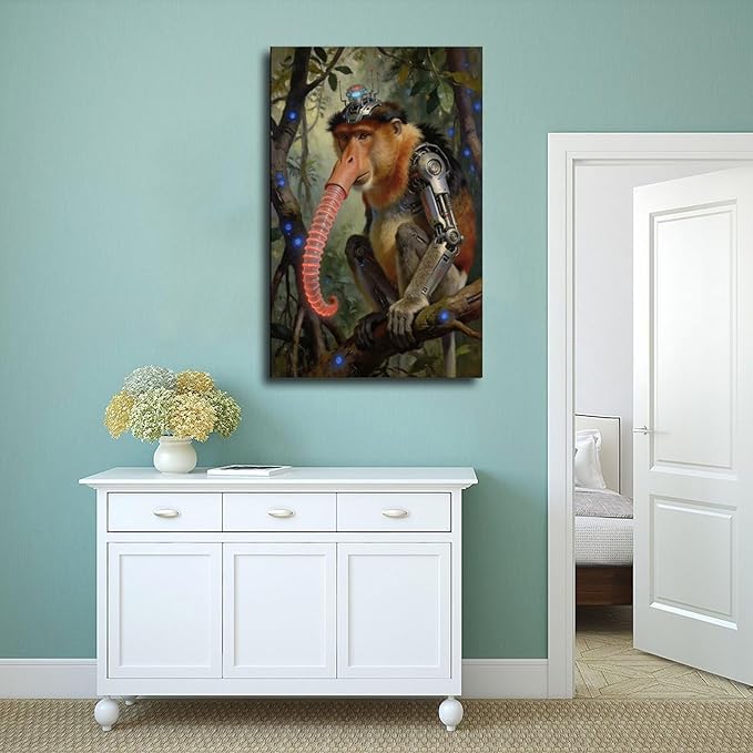 Framed Steampunk Mechanical Proboscis Monkey Wall Art - Jungle Neon Retro Poster for Apartment Leisure Area Decor 20x30inch(50x75cm)