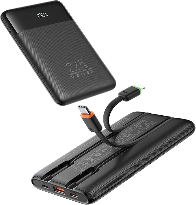 VEGER Portable Charger with Built in Cable, 10000mAh 22.5W Fast Charging USB C Battery Pack, 4 Outputs 3 Inputs Power Bank for iPhone 16/15/14/13 Series, iPad, Samsung, Android, Tablet, Black(1 Pack)