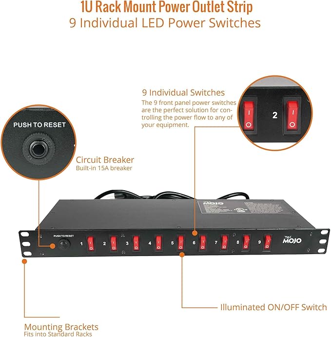 Tecmojo 9-Outlet Rack Mount Overloading Protection Circuit Breaker PDU Power Strip with Individual Switch 6ft Cord for IT and Network Racks and Cabinets