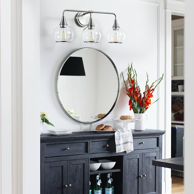 Brushed Nickel Bathroom Vanity Light 3 Lights Bathroom Light Fixtures Over Mirror with Clear Glass Shade 22.4 inch Wall Sconces Lighting Bath(Exclude E26 Bulb)