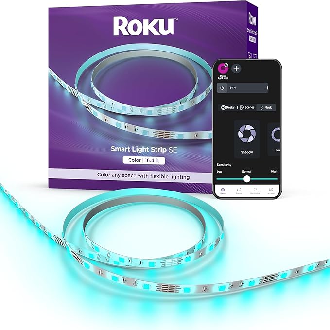 Roku Smart LED Light Strip, 16.4ft - Color Options with Adjustable Brightness & Temperature - Peel & Stick WiFi Smart Strip Lights Works with Roku Voice, Alexa & Google Assistant - Smart Home Products