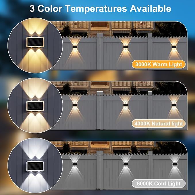 AUDLES Solar Fence Lights Outdoor Waterproof IP65, 3 Color Modes New Up Down Glow Solar Powered LED Wall Pack Lights for Outside Backyard, Deck, Step, Patio, Railing and Home Improvement - 12 Pack