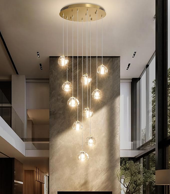 Glam Chandelier with LED Dimmable Bulbs Bubble Crystal Balls Glam Chandeliers High Ceiling Pendants Light Fixtures Adjustable Long Lights Gold Light