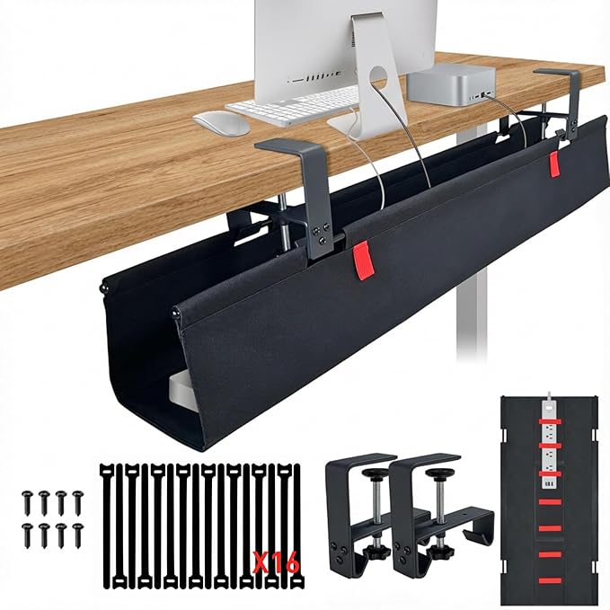 [Upgraded] Under Desk Cable Management, 48" Cord Organizer, with Silicone Pads (No Scratch!), 16 Cable Ties, Washable PE Honeycomb Base,Fits Any Desk 0-2.1", No Stinky Cardboard!Black 48"L x 6"W