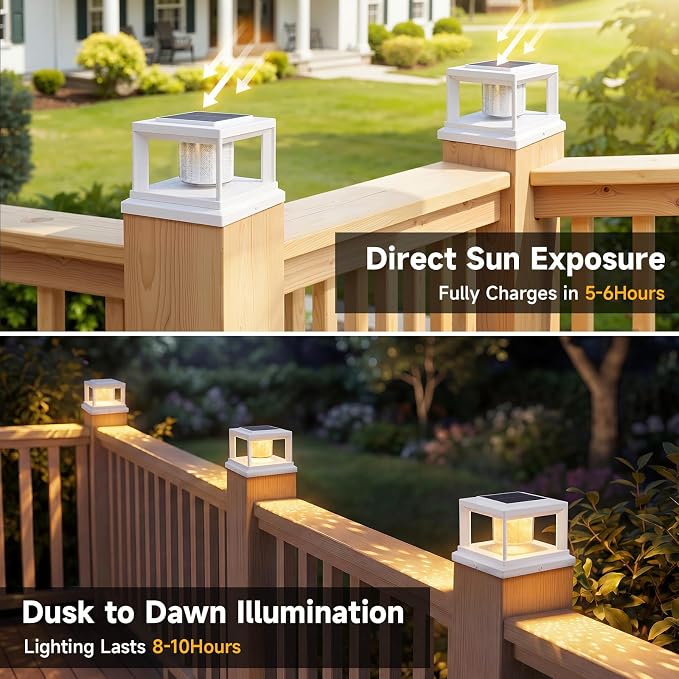 FOLKSMATE Solar Post Cap Lights 8 Pack, 2 Lighting Modes Cool/Warm White Outdoor Solar Powered, Waterproof Fence Deck Lights for 4×4 3.5×3.5 Wood Vinyl Posts, for Garden Patio Porch Decor, White