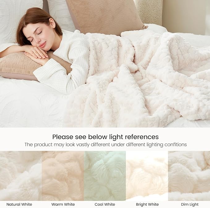 Cozy Bliss Faux Fur Throw Blanket for Couch, Fuzzy Soft Plush Thick Warm Fluffy Reversible Wave Textured Blanket for Sofa Bedroom Living Room, 55 * 70 Inches Cream White
