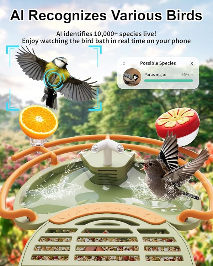Bird Feeder with Camera, Smart Birdfeeder with Cam Solar Powered, 2K HD Video, AI Identification, Instant Arrival Alerts, IP66 Bird Bath & Feeder,Gift for BirdLover (with Pump, Green)