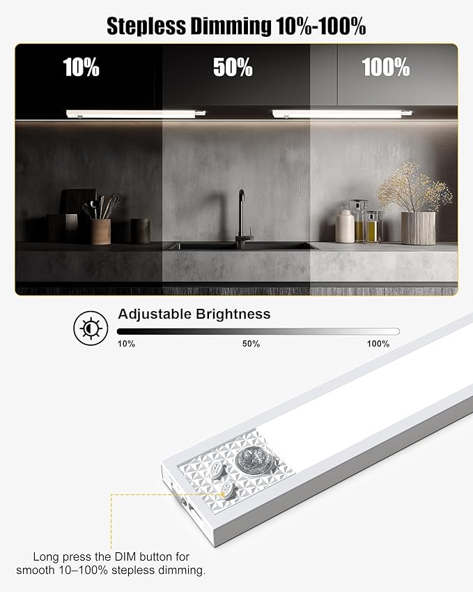 Under Cabinet Motion Sensor Lighting - 16 Inch Wireless Under Cabinet Lighting, Rechargeable with Magnetic Mount, 5CCT Adjustable for Kitchen/Hallway (White, 2-Pack)