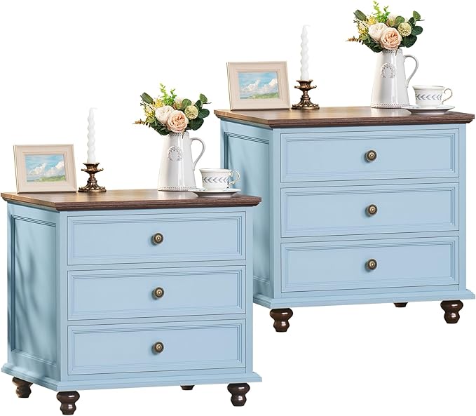 24" Wide Farmhouse Night Stand Set of 2,Large End Table with 3 Drawers & Metal Handle,Wood Dresser for Bedroom Cabinet,Light Blue Bed Side Table Chest of Drawers,Nightstand for Living Room