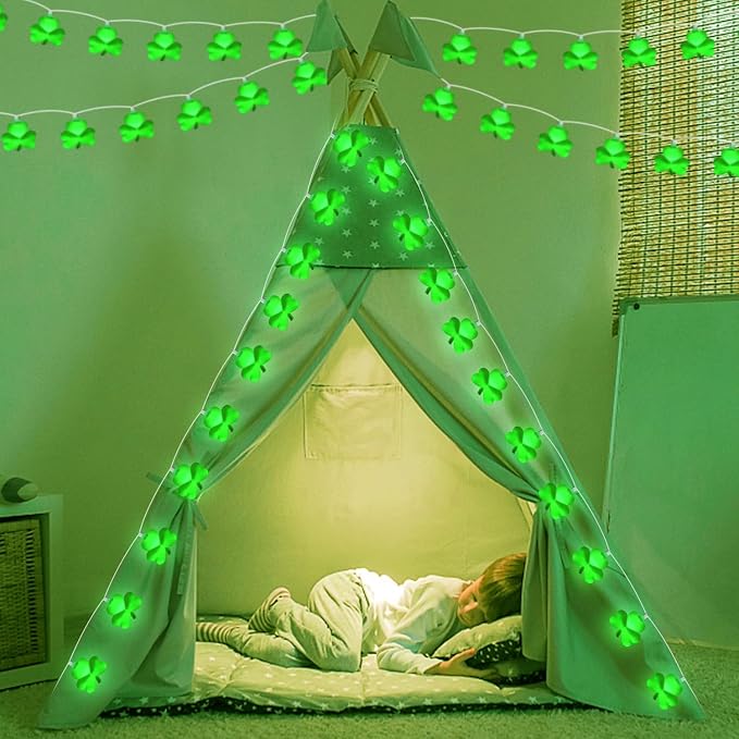St Patricks Day Decorations Shamrock String Lights, 8.5FT Green Lucky Clover String Lights Waterproof with 10 Green LED Lights for Indoor Outdoor St. Patrick's Day Party Decorations, White Wire