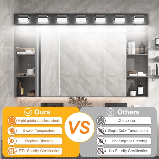 Ralbay 55inch Black Vanity Light 5 Color Temperatures (3000K-6000K) Dimmable Metal Acrylic LED Modern Matte Black Bathroom Wall Lighting for Mirror (7-Light)