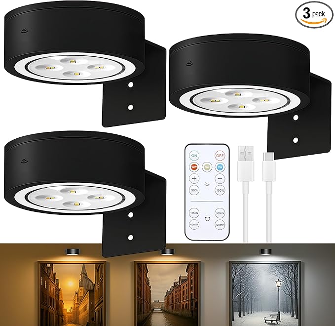 3-Pack Picture Lights for Wall, Rechargeable Battery Operated LED Painting Light with Remote Control Dimmable & Timer, 3 CCT Magnetic Art Display Lighting, Wireless Wall Decor Puck Light, Black