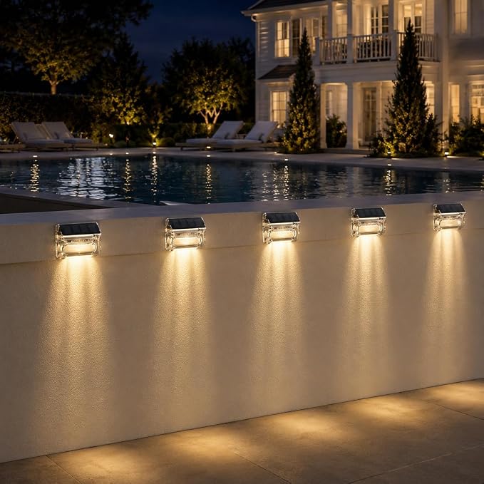Qualdout Solar Outdoor Lights, 8 Pack Solar Fence Deck Lights, Waterproof Outside Lighting for Step Railing Wall Pool Stair Yard Garden Patio Pool Decorations (Warm White)