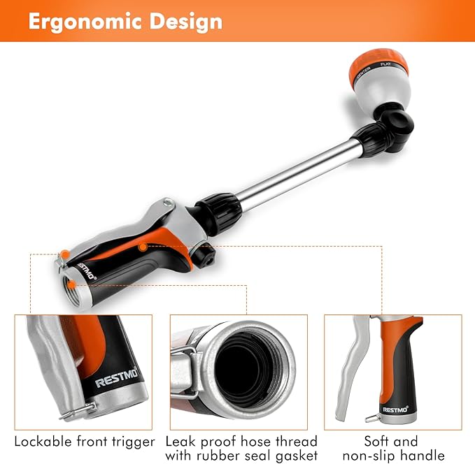 RESTMO Metal Watering Wand, Heavy Duty Garden Hose Wand with 180° Swivel Ratcheting Head, 16'' Hose Nozzle Sprayer with 7 Spray Patterns and Flow Control, for Water Hanging Baskets and Shrubs, Orange