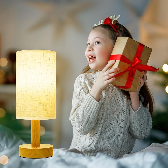 Rechargeable Cordless Table Lamp,Touch Control&Stepless Dimming,Wireless Bedside Ambient Night Light with Wood Base&Linen Shade,Portable Battery Lamp for Bedroom,Nightstand,Nursery,Camping,Outdoor