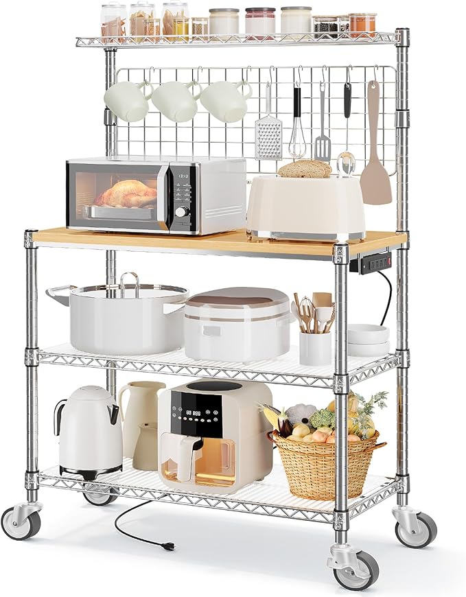 Leteuke Bakers Rack with Power Outlet & Storage, 36 Inch Microwave Stand Kitchen Cart, 4-Tier Metal Kitchen Shelves Cart with Wheels & 20 S-Hooks for Kitchen, NSF Certified, 63 x 18 x 36 Inch-Chrome