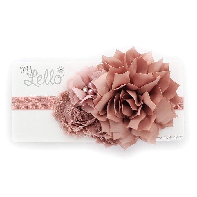 My Lello Headband Shabby Fabric Flower Cluster Baby - Infant - Toddler - Girl Stretchy Elastic White/Hot Pink Chevron