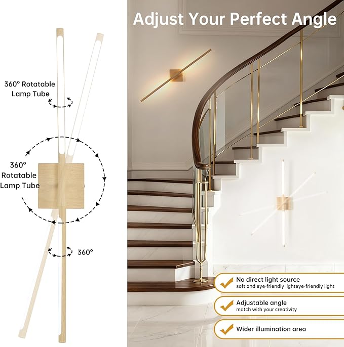 Shenmoyl Battery Operated Wall Sconce Set of 2, 10400mAh Rechargeable Wall Sconces, 3000K-6000K Dimmable, 350°Rotate, Indoor Wall Lights for Bedroom Living Room, Original Wood, 31.5 Inch