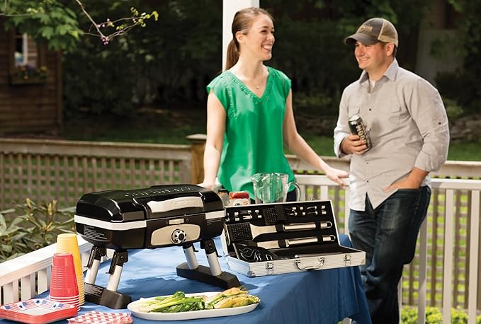 Cuisinart Petite Gourmet Portable Gas Grill, Compact & Lightweight Tabletop Small Grill for BBQs, Camping, Tailgates & Small Spaces, 5,500 BTU Burner Folding with Carry Handles, Black