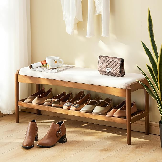 Shoe Bench Entryway Bamboo 2-Tier Shoe Rack with Cushion Padded Seat Shoe Bench Organizer Stable for Entry, Hallway, Living Room, Bedroom, Closet (39.4 * 11.4 * 16.5IN, Brown-Beige)