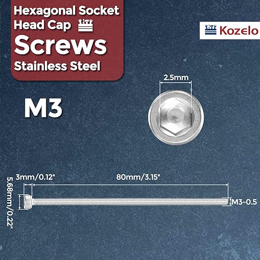 Kozelo 6pcs Socket Head Cap Screws - [M3-0.5 x 80mm] 304 Stainless Steel Allen Socket Drive for Electrical Motor 3D Printing Fan Engine Replacement Use, Silver