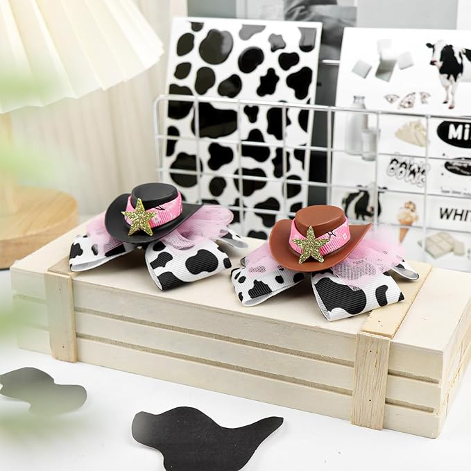 YanJie 3.5’’ Cowgirl Hat Bow Clips for Girls Western Hair Accessories Rodeo Outfit Cow Print Bows for Girl Birthday Gifts Back to School Clip