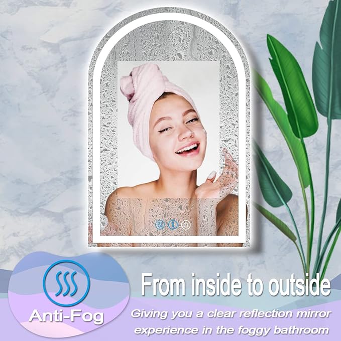 32 x 24 Inch LED Arch Mirror with Lights AntiFog 3 Color Adjustable Brightness Frontlits 32" Arched Lighted Vanity Mirror for Bathroom Wall Mounted Makeup Tabletop Smart Arch Light up Mirrors