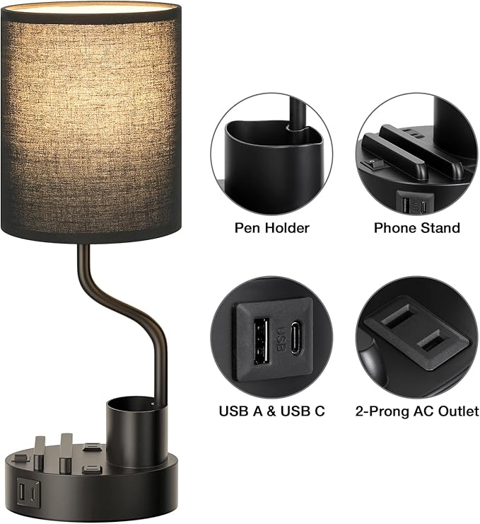 Black Bedside Table Lamps for Bedroom Set of 2 - Nightstand Light with AC Outlet and USB A & C for Charging, 3 Color Temperatures Desk Lamp with Pen Holder & Phone Stand for Living Room/Dorm/Office