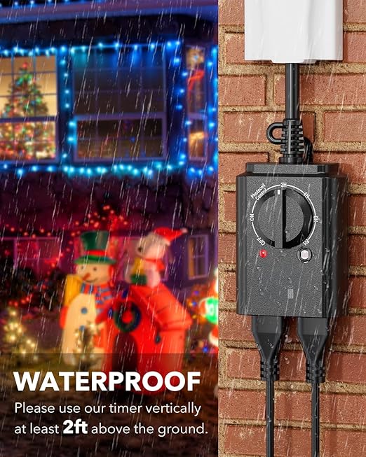 BN-LINK Outdoor Light Timer with Dusk to Dawn Sensor, Weatherproof Dual Grounded Outlets for Christmas/Halloween Decorations, 15A 1/2HP ETL Listed