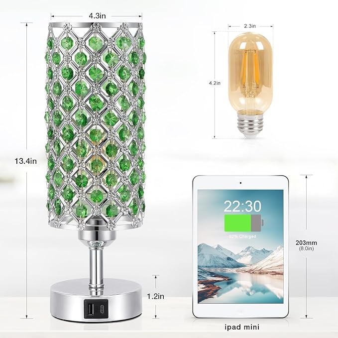 Hong-in Green Crystal Table Lamp - 3-Way Dimmable Touch Control, Bedside Lamp with USB C and A Ports, Nightstand Light for Living Room, Bedroom, Home Office (Bulb Included)