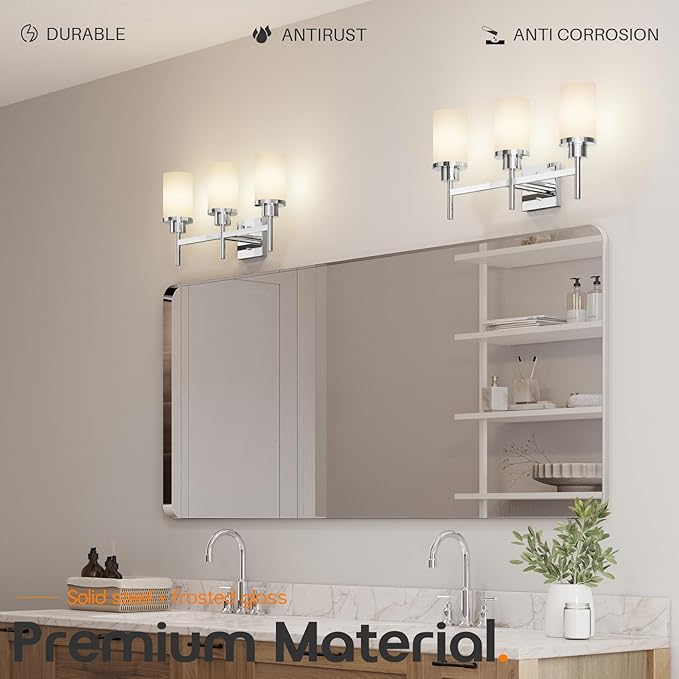 Bathrom Light Fixtures Polished Chrome 3 Vanity Lights with White Frosted Glass Shade, Wall Lamps Over Mirror for Bath Washroom Bedrom T001CH-L3