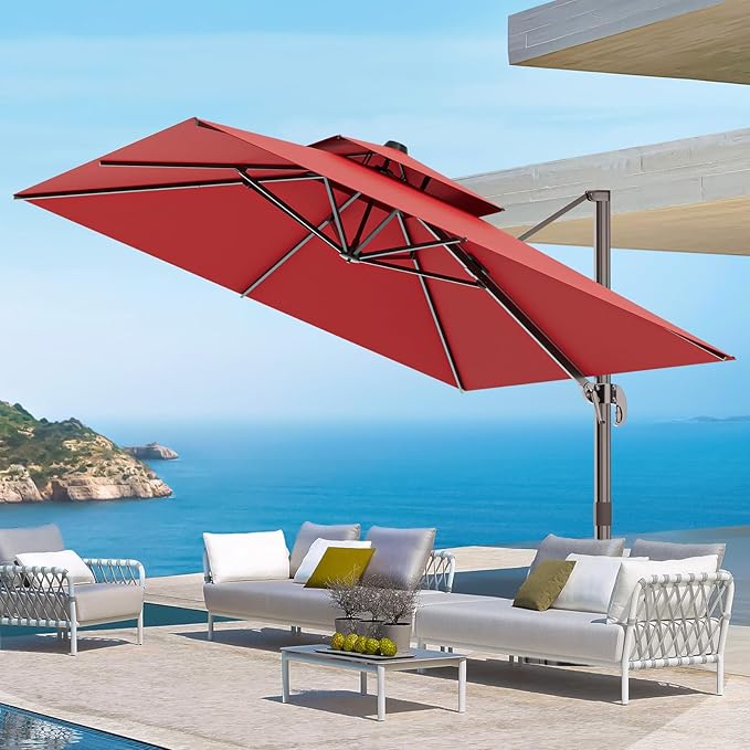 9' X 12' Cantilever Outdoor Patio Umbrellas Double Top Large Rectangle Umbrella Heavy Duty 360°Rotation Offset Umbrella for Garden Deck Pool Patio,Red