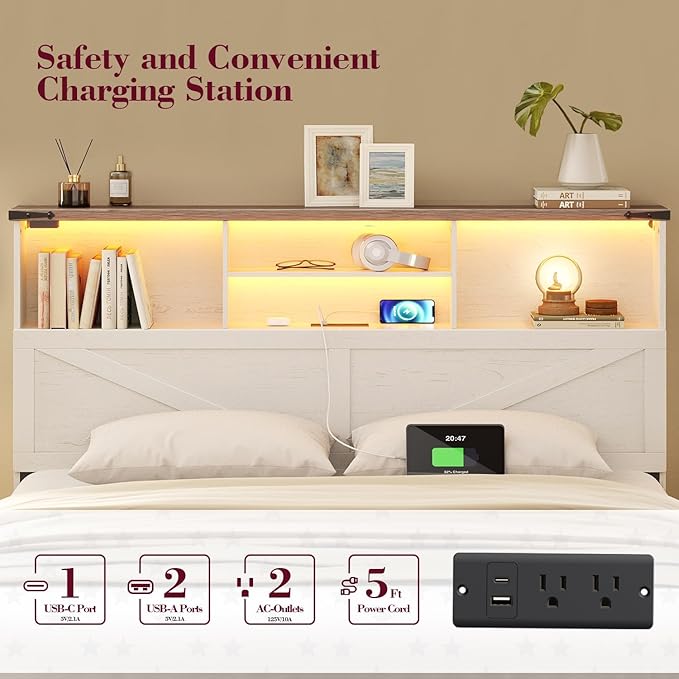 Twin Bed Frame with Bookshelf, Bookcase High Headboard with Charging Station and LED Light, Farmhouse Bed with Storage Drawers, No Box Spring Needed, Noise Free, Easy Assembly, Antique White
