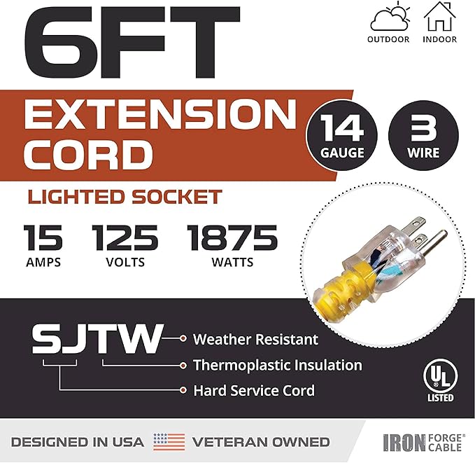 Iron Forge Cable Weatherproof 6 Ft Outdoor Extension Cord - 14/3 SJTW 15 Amp Heavy Duty Yellow Extension Cord 3 Prong - Lighted End