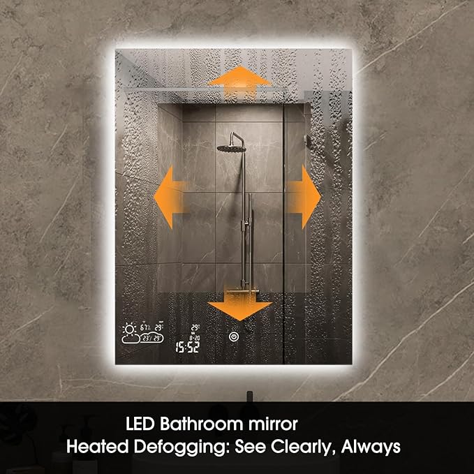 BYECOLD Smart Bathroom Mirror with Bluetooth Wi-Fi Enabled Weather Display, 32”X 40” Fog Free, LED Light Vanity Mirror Backlit Frameless Lighted Touch Sensor Makeup for Wall - Vertically Only