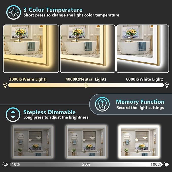 44x36 Gold LED Bathroom Mirror with Lights, Brushed Gold Framed Backlit and Front Lit Anti-Fog Lighted Vanity Mirrors for Bathroom Wall, Dimmable, 3 Colors, Memory, HD Tempered Glass, CRI＞90