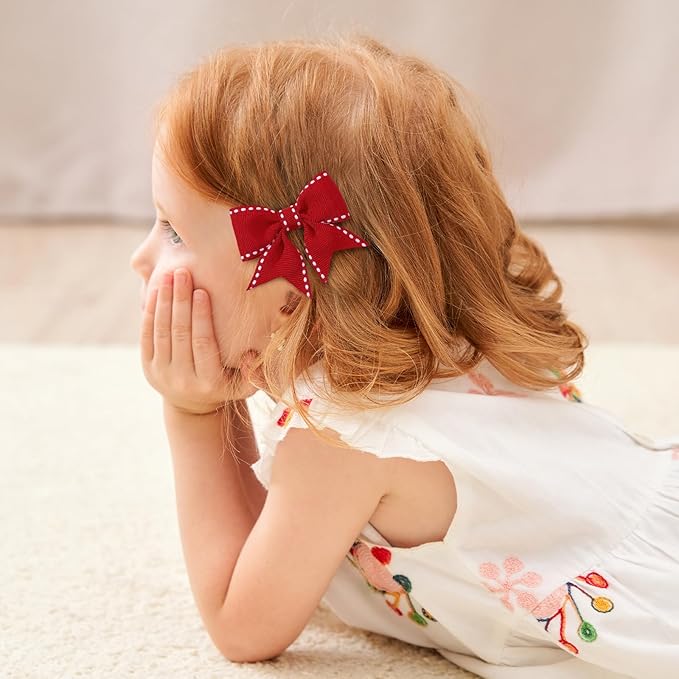 YHXX YLEN Hair Bows for Girls 10 PCS Fully Lined Red Snap Hair Clips Tiny 2" Grosgrain Stitch Edge Alligator Clips for Baby Girls Infants Toddlers in Pairs