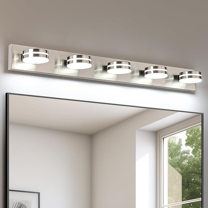 Brushed Nickel Bathroom Light Fixtures Over Mirror, 5-Light Bathroom Vanity Light, LED Dimmable Bath Lights, Modern Wall Mounted Lighting Fixture with Rotating Lamp Head