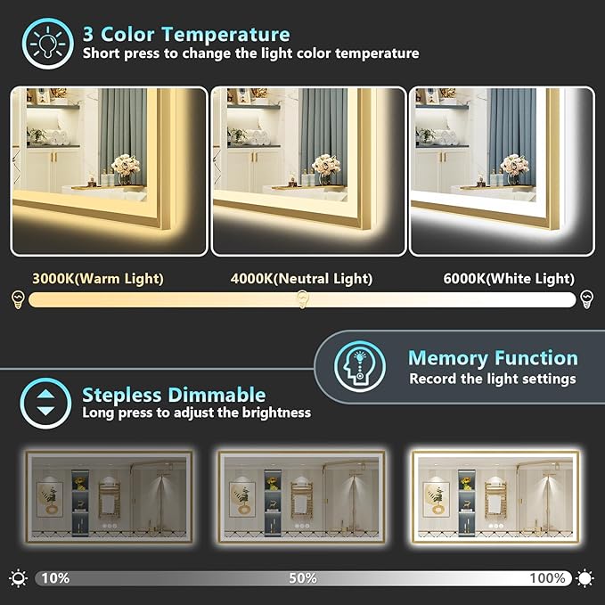88x38 Gold Beveled LED Bathroom Mirror with Lights, Brushed Gold Framed Backlit and Front Lit Anti-Fog Lighted Vanity Mirrors for Bathroom Wall, Dimmable, 3 Colors, Memory, HD Tempered Glass