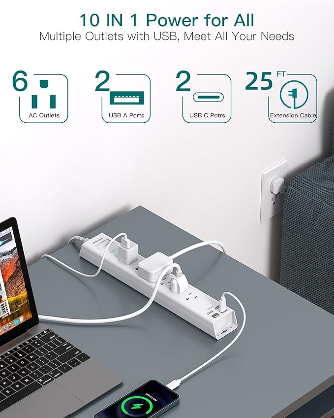 25ft Extension Cord - Flat Power Strip Surge Protector with 6 AC Outlets 4 USB (2 USB C), Wall Mount, 900 J, Multi Plug Outlet Extender for Home Office Dorm Room Essentials