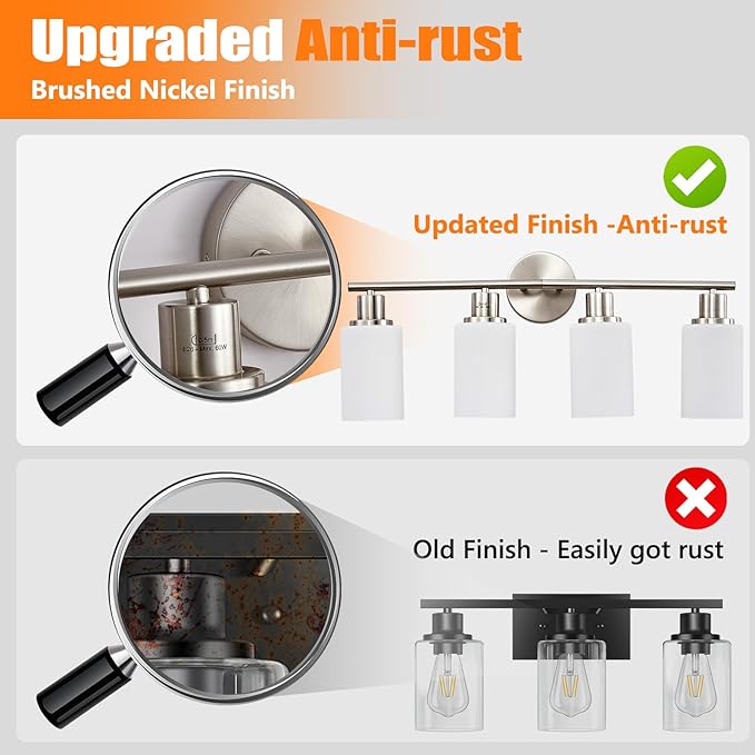 DLLT 4-Light Bathroom Light Fixtures: Nickel Modern Vanity Lights with E26 Bulbs - Milky White Glass Shade Bathroom Wall Lamp for Mirror Kitchen Living Room Hallway Cabinet Porch