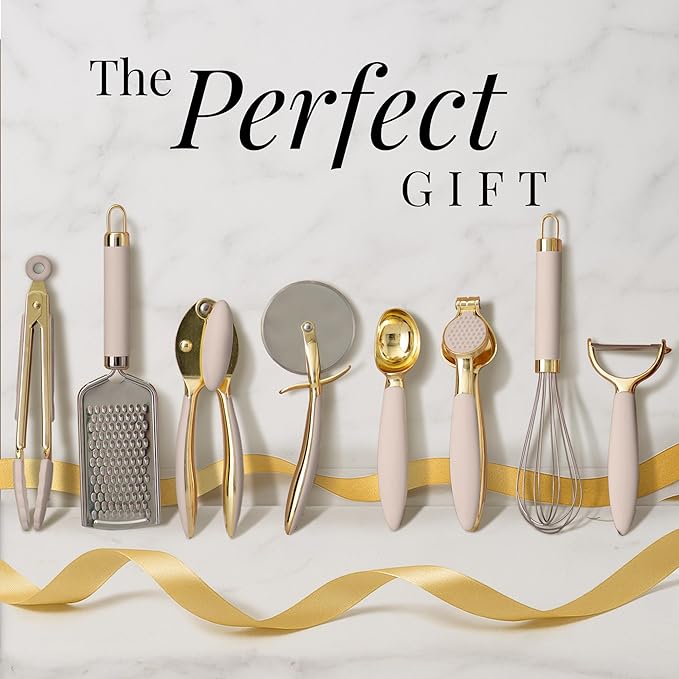 Gold and Beige Kitchen Utensils Set – 8 PC Cooking Gadgets with Mini Gold Whisk and Tongs, Pizza Cutter, Garlic Press, Cheese Grater, Peeler, Can Opener, Scoops – Stylish Beige Kitchen Accessories