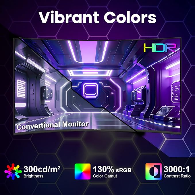 Amzfast 27 inch 200Hz Curved Gaming Monitor, FHD 1080P Computer Monitor with Built-in Speakers, MPRT 1ms with Fast VA Panel | 130% sRGB, 3000:1,1500R | 12 Months Warranty Exchange