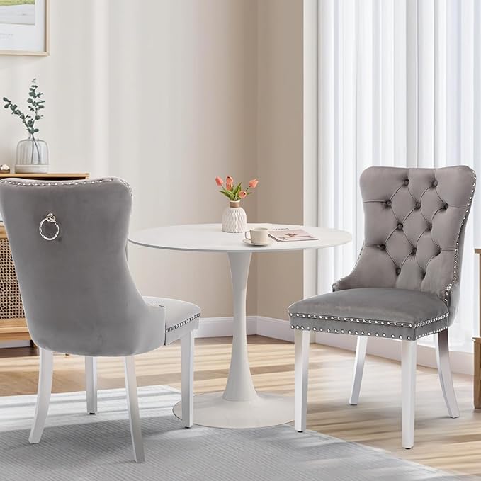 SoarFlash Kitchen Table and Chairs for 2, 31.5" Dining Table Set for 2 with Velvet Upholstered Chairs, 3 Piece Round Kitchen Table Set, Dining Room Table Set for Small Space, Apartment, Grey/White