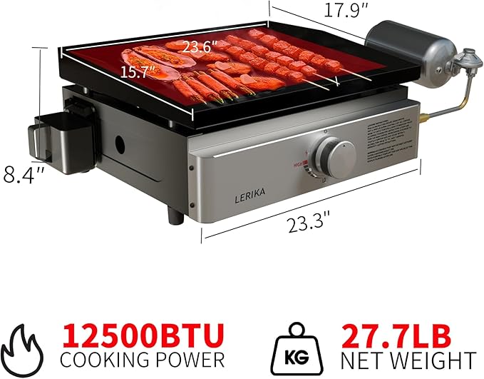 LERIKA 18" Tabletop Propane Grilddle With Lid for Outdoor Kitchen Barbecue Grill, Non Stick Enamel/Durable Stainless Steel/1 Burner Portable Flat Top Grills