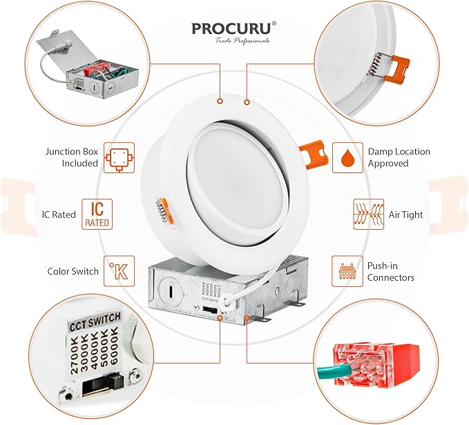PROCURU [1-Pack] 4-Inch Gimbal Air-Tight LED 2700K-6000K 5CCT Color Selectable, Adjustable, Rotate & Swivel Ultra-Thin Heavy Duty Recessed Ceiling Downlight, Dimmable, IC Rated (VGB45W-1P)