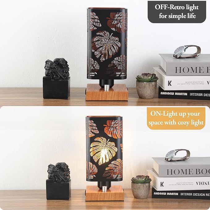Industrial Table Lamp with USB Ports and Outlet, Rustic Dimmable Bedside lamp with Charging Station, Metal Square Shadow Nightstand Lamp, Night Light for Kids Bedroom Living Room End Tables