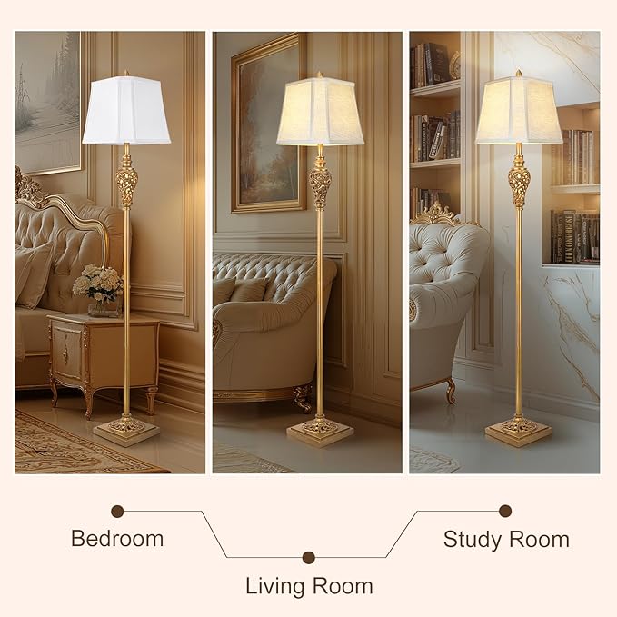 Vintage Farmhouse Floor Lamp with Nightlight, 65" Tall Standing Lamp with White Linen Fabric Shade, Antique Gold Finish, Elegant Reading Corner Light for Living Room, Bedroom, Office (Bulb Included)
