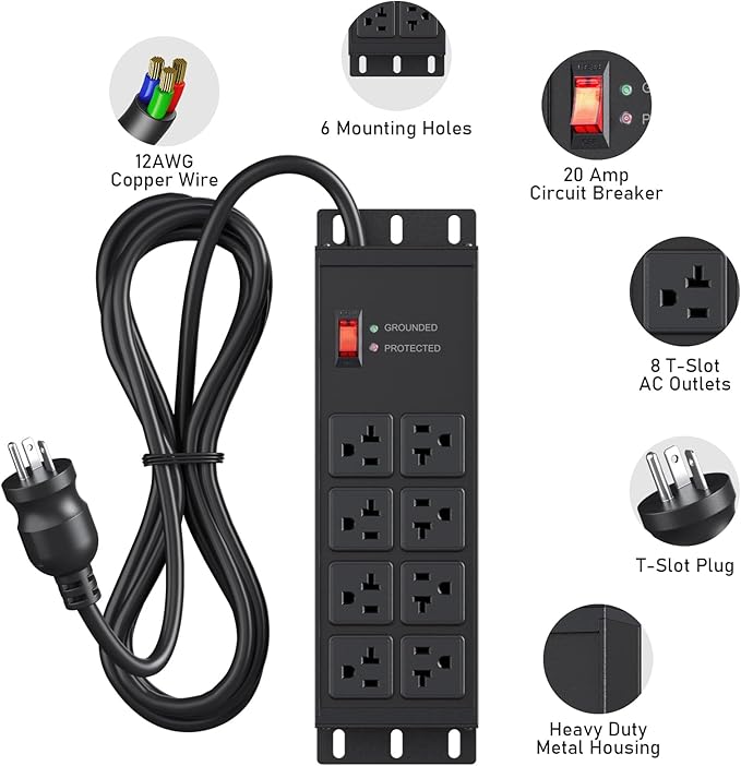 JUNNUJ Heavy Duty 20 Amp Surge Protector 4800J, Garage Metal 8 Outlets 12 Gauge, High Amp 5-15P Adapter Shop 6-20R T-Slot Industrial Outlet, 4 FT Extension Cord Commercial for Appliance