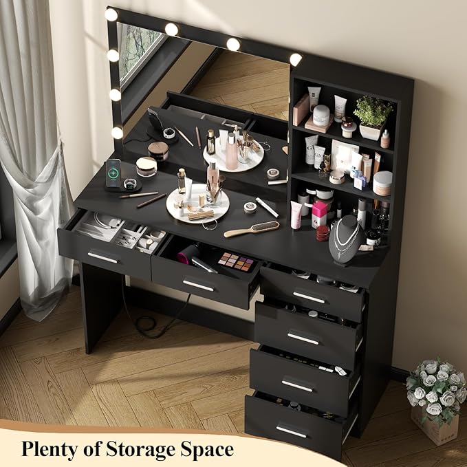39 Inches Black Vanity Desk with Lights, 6-Drawers Makeup Vanity Table with Power Strip and Storage Shelves, Dressing Table with Lighted Mirror for Women Girls (Black)